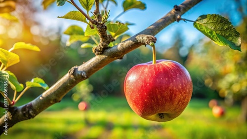 Late maturing apple on tree branch in early autumn