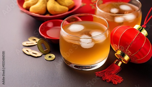 Cultural wealth: feng shui symbols with side view, gold coins, teapot, tea, tangerines, sakura flowers and fans on a table photo