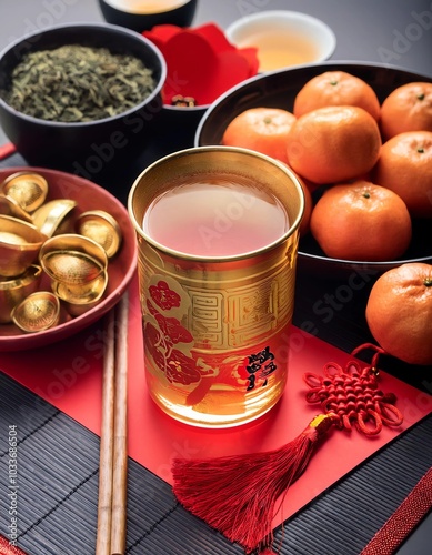 Cultural wealth: feng shui symbols with side view, gold coins, teapot, tea, tangerines, sakura flowers and fans on a table photo