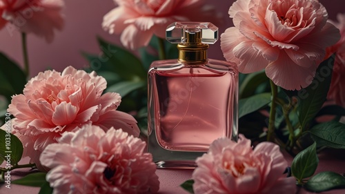 A glass bottle of perfume sits amongst pink flowers with a pink background.