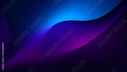 Dark purple blue black abstract grainy background, glowing vibrant color gradient shape, noise texture