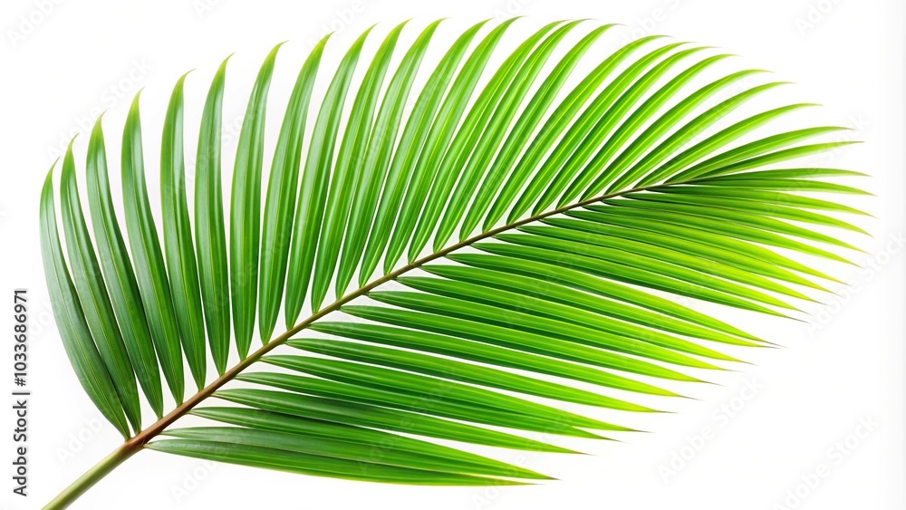 Low angle view of a green palm tree leaf isolated on white background