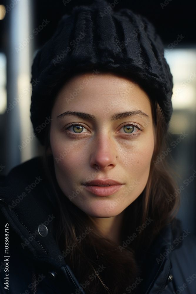 Portrait rapproché d'une femme aux yeux verts perçants, portant un bonnet noir et une veste d'hiver, avec une expression sereine Portrait rapproché d'une femme aux yeux verts perçants, portant un bonnet noir et une veste d'hiver, avec une expression sereine
