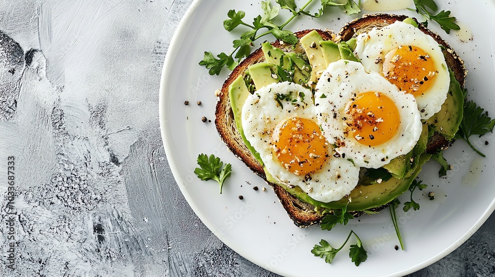 Avocado toast topped with three fried eggs. Avocado toast topped with three fried eggs.