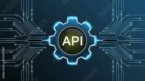 API symbol embedded within a futuristic, glowing blue gear, connected to a complex circuit board photo