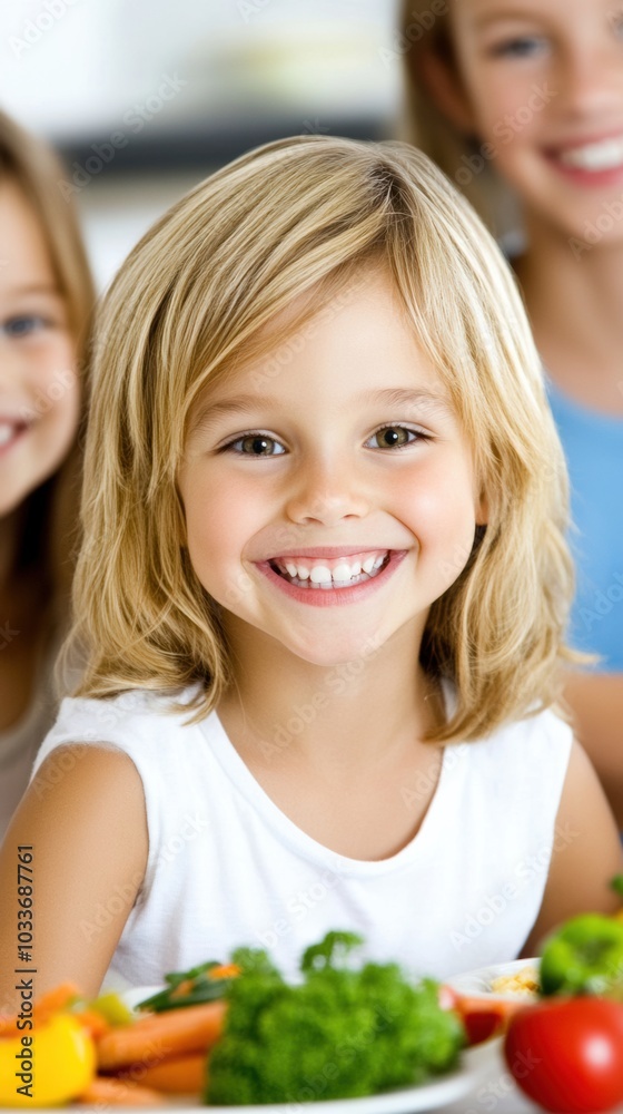 Smiling child enjoying a healthy meal with friends, AI Smiling child enjoying a healthy meal with friends, AI