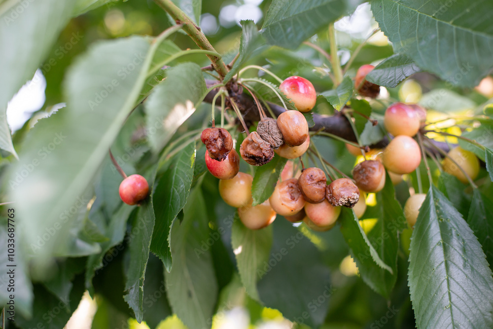 Rotten spoiled berry or fruit. Mold sweet cherries on tree in fruit garden. Spoiled berry. Diseases of trees. Gardening problems.