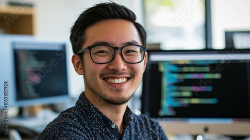 An AI researcher smiling while programming a neural network in a modern lab