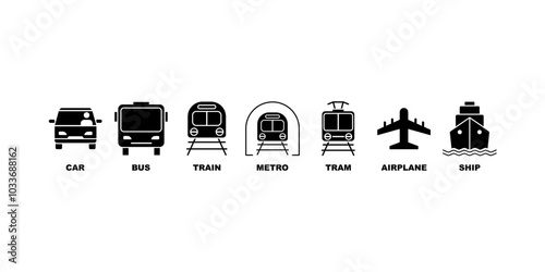 transport icon set ,car, bus, train ,ship,metro,tram, plane in editable black silhouette style
