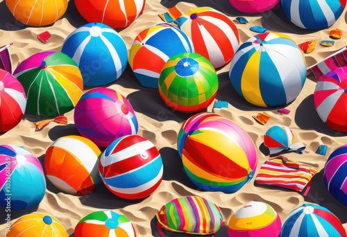 vibrant beach gear displayed colorful sand under bright sunlight diverse elements celebrating summer fun, colours, hues, towel, umbrella, chair photo