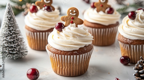 Christmas mini cakes with white icing, cranberries, and holly leaves on a festive table.