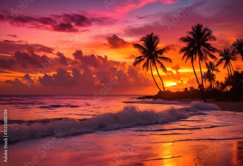 vibrant beach waves embraced stunning sunset colors creating luminous coastal scene, ocean, sea, sand, reflection, skyline, light, clouds, beauty