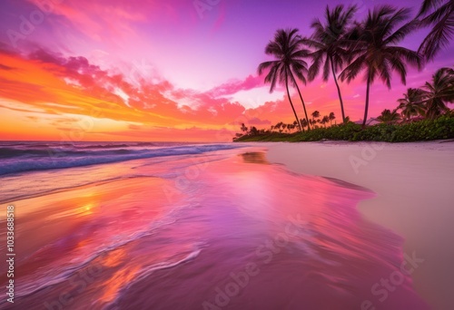 serene beach landscape showcasing kaleidoscope vibrant sunset colors lush natural elements, nature, sky, ocean, water, clouds, waves, sand, sea, tropical