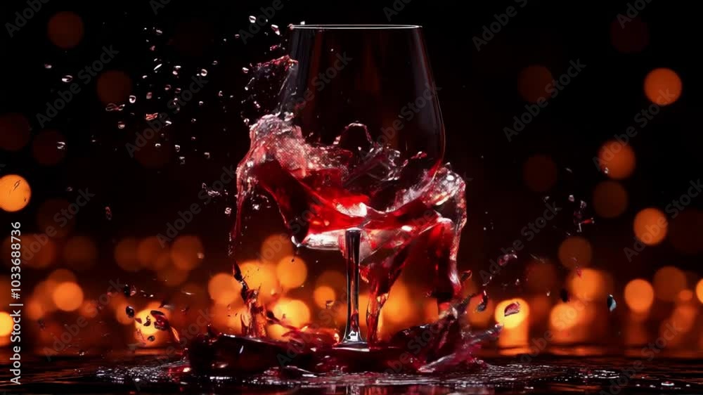 A glass of wine with a splash of liquid, a blurry background of glowing orange bokeh lights, and a dark background.