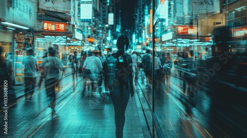 Wallpaper Mural Reflection of a person walking on a busy street at night, concept of city life and solitude Torontodigital.ca