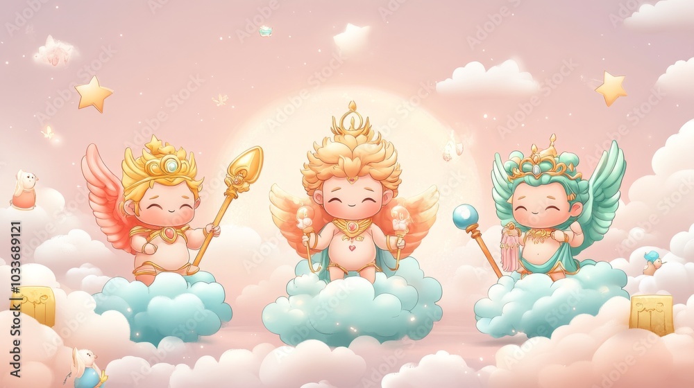 Olympian gods chibistyle illustrations as casino mascots with mini games in pastel colors Olympian gods chibistyle illustrations as casino mascots with mini games in pastel colors