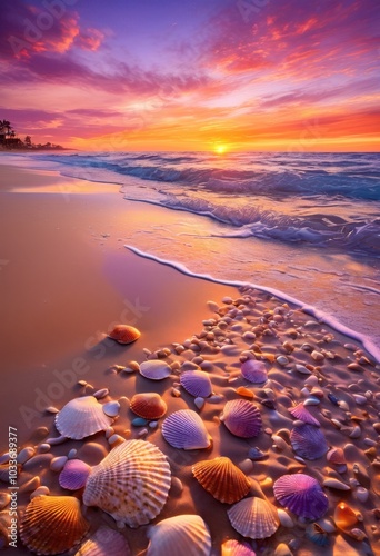breathtaking scene vibrant beach sunrise illuminating colorful seashells soft sand beaches, coast, horizon, wave, sky, reflection, cloud, light, pattern