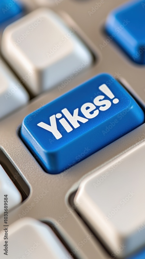 Blue 'Yikes!' key on a keyboard adds humor to the workspace, AI Blue 'Yikes!' key on a keyboard adds humor to the workspace, AI