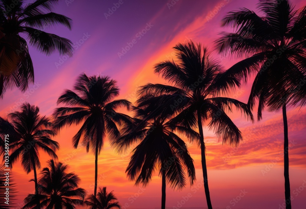 vibrant palm leaves silhouetted warm glow colorful sunset background creating tropical paradise vibe, evening, sky, nature, exotic, sunlight, horizon vibrant palm leaves silhouetted warm glow colorful sunset background creating tropical paradise vibe, evening, sky, nature, exotic, sunlight, horizon