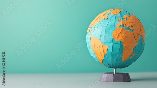 Colorful globe on a table against a mint green background, representing geography, travel, and education.