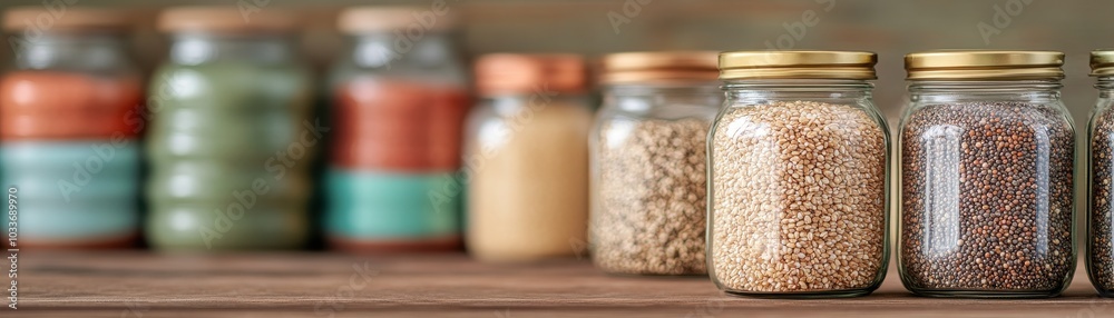 Colorful jars filled with various seeds and grains displayed on a wooden shelf, perfect for kitchen and culinary themes. Colorful jars filled with various seeds and grains displayed on a wooden shelf, perfect for kitchen and culinary themes.