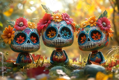 a group of colorful skulls with flowers

