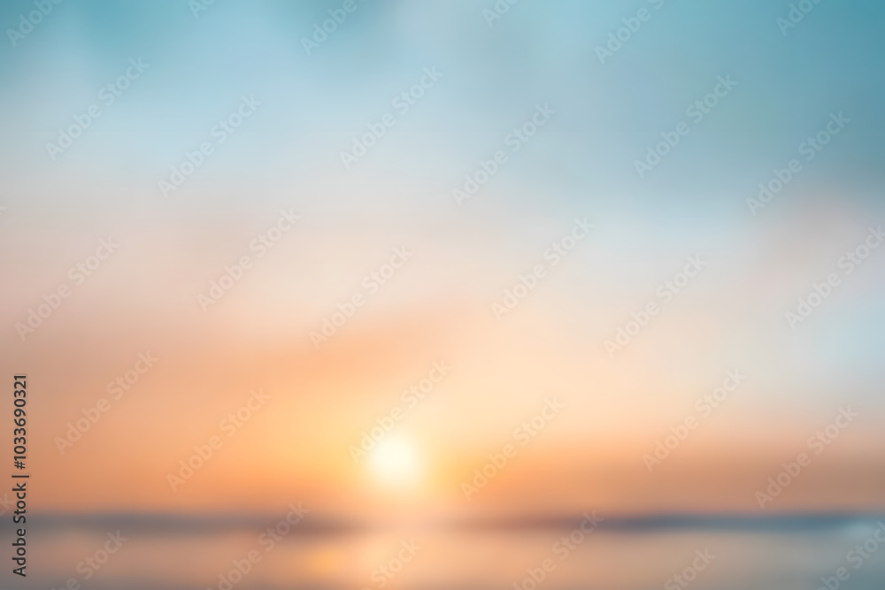 Obraz premium Abstract blur morning nature sky bokeh texture background concept for calm faith horizon landscape, Clean sunset blurry light, sunshine on sand beach color of blue teal, relax Autumn weather.