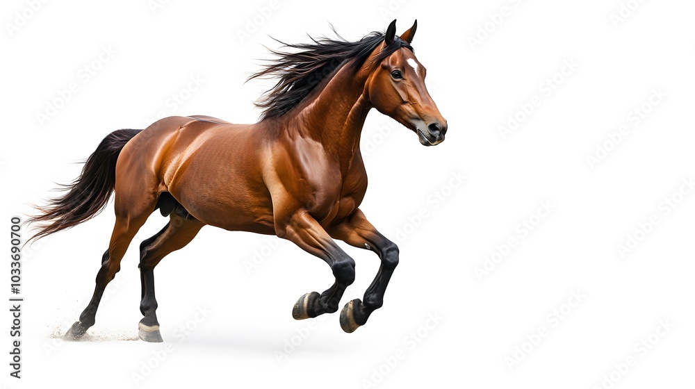 Bay stallion run gallop isolated on white. 