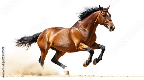 Bay stallion run gallop isolated on white. 
