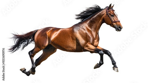 Bay stallion run gallop isolated on white. 