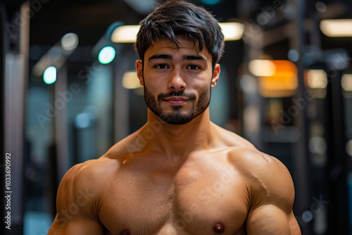 A shirtless man standing in a gym with his hands on his hips photo