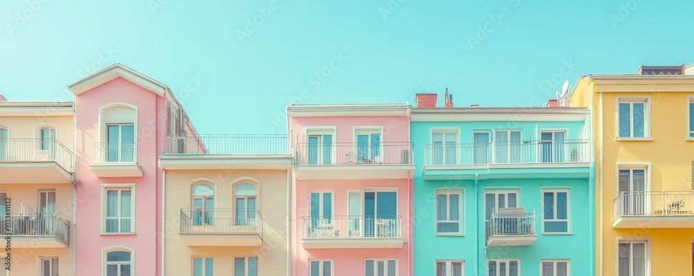 Colorful buildings with balconies and blue sky. Colorful buildings with balconies and blue sky.