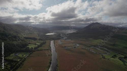 Spectacular 4K aerial footage of mountain valley from above with scenic mountains and countryside,  Maam west, Connemara, Galway, Ireland