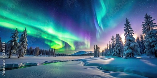 Macro winter scenery with northern lights Aurora Borealis