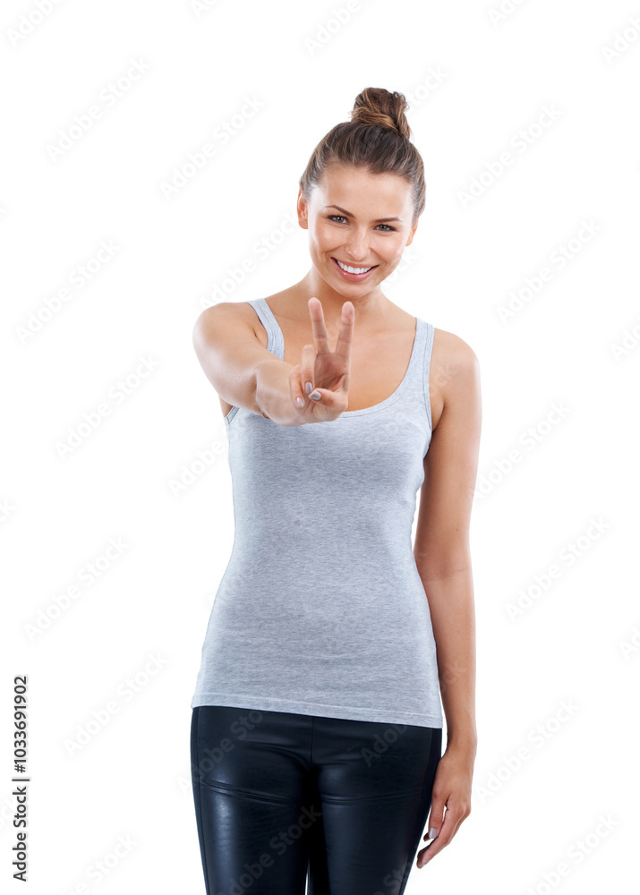 Happy woman, portrait and peace sign with fashion, style or casual clothing in studio on a white background. Young, female person or model with smile, emoji or V in joy for expression or attitude Happy woman, portrait and peace sign with fashion, style or casual clothing in studio on a white background. Young, female person or model with smile, emoji or V in joy for expression or attitude