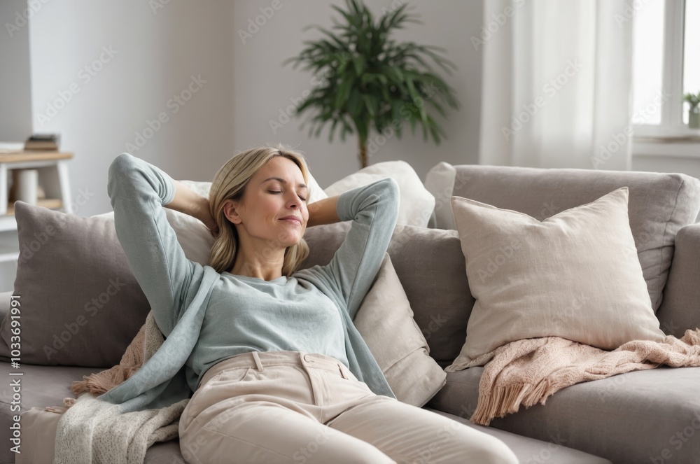 Caucasian woman relaxing on gray sofa eyes closed in daydreaming Caucasian woman relaxing on gray sofa eyes closed in daydreaming