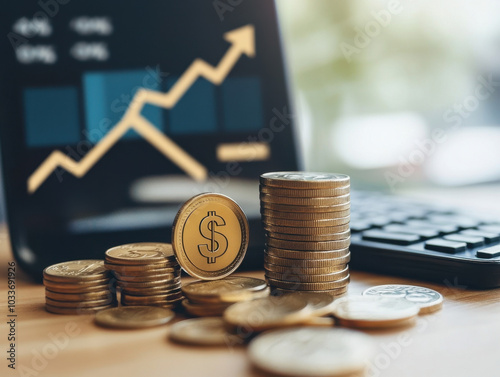 Analyzing finances with a calculator and coins in a professional setting for budgeting decisions