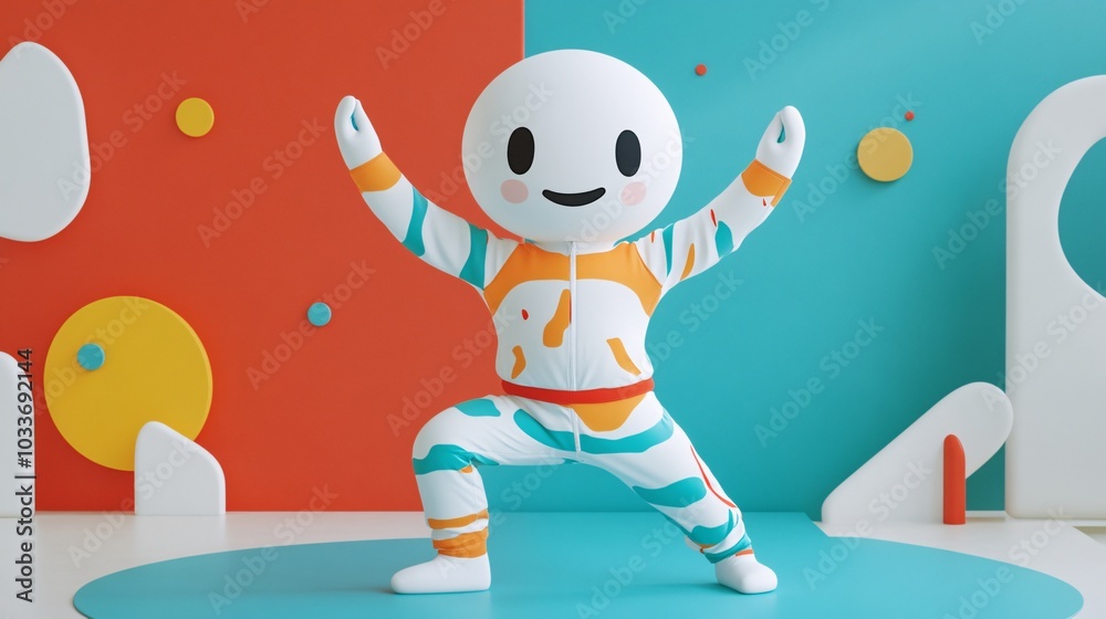 Naklejka premium Chubby cartoon character in athletic wear doing yoga stretches on a vibrant background in 3D render Stock Photo with side copy space