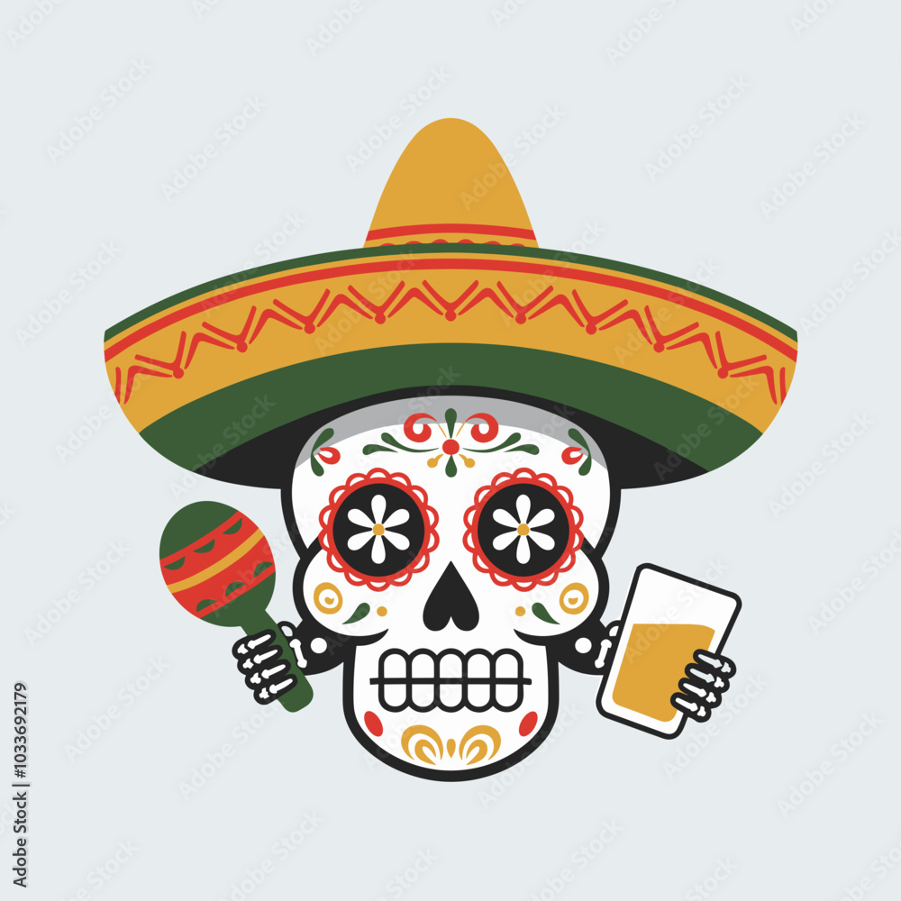 Cinco de Mayo Sugar Skull with Sombrero and Maracas Cinco de Mayo Sugar Skull with Sombrero and Maracas