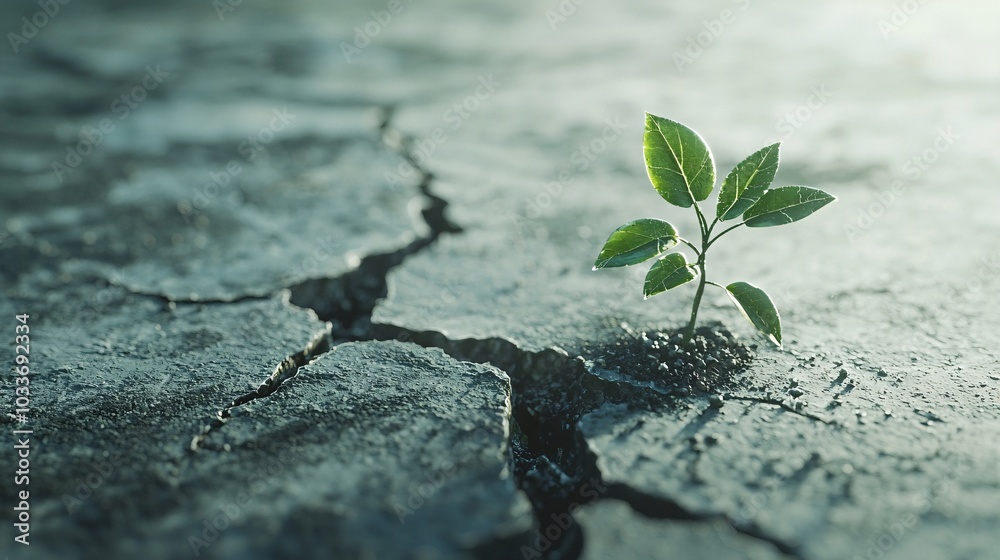 Green Plant Sprouting from Cracked Concrete Floor, Symbolizing Resilience and Growth in Challenging Environments Green Plant Sprouting from Cracked Concrete Floor, Symbolizing Resilience and Growth in Challenging Environments