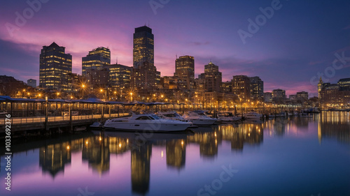 Skyline at dusk with shimmering reflections and vibrant hues over the peaceful waterfront cityscape.