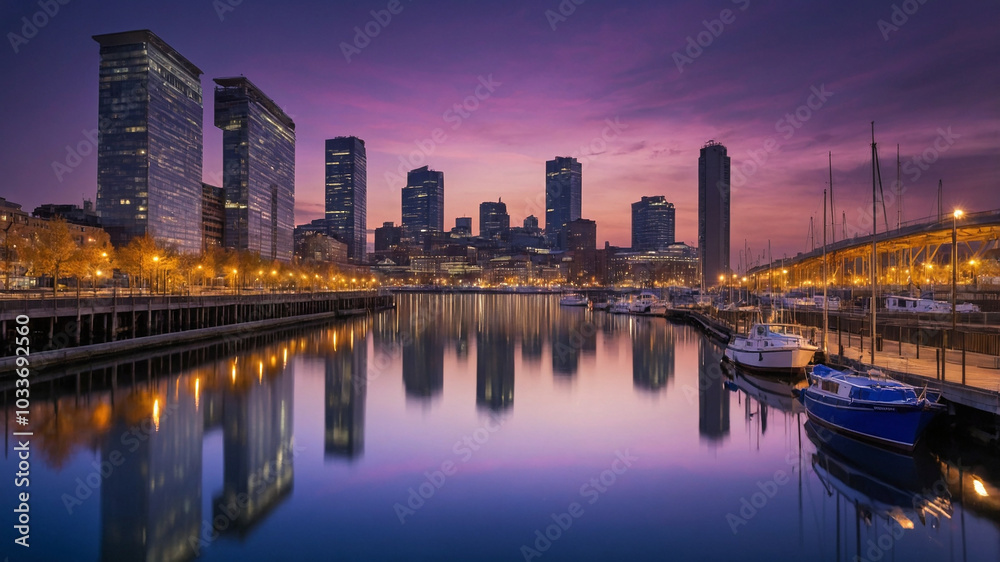 Naklejka premium Skyline at dusk with shimmering reflections and vibrant hues over the peaceful waterfront cityscape.