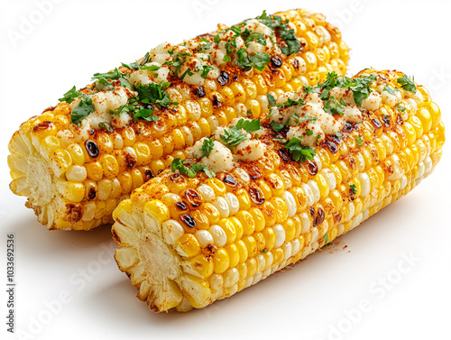 a tasty Mexican elote corn grilled on the cob with lime and herbs, served on a white plate.