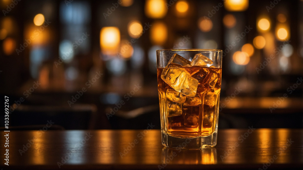 Elegant glass of whiskey with ice on a wooden bar in warm ambient lighting, capturing a serene moment. Elegant glass of whiskey with ice on a wooden bar in warm ambient lighting, capturing a serene moment.