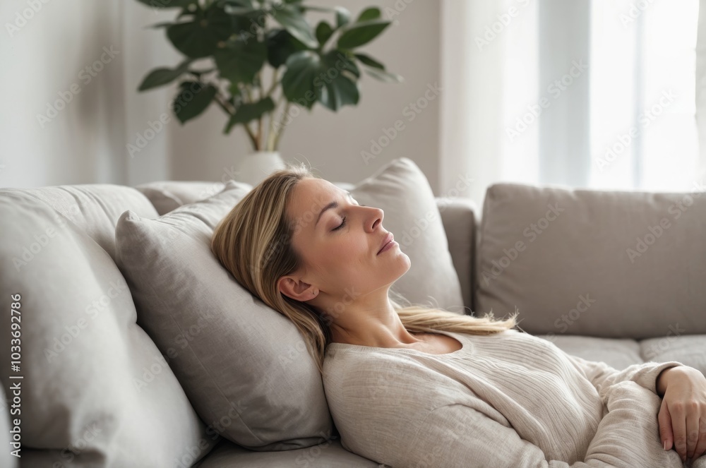 Caucasian woman napping on comfortable sofa in modern living room Caucasian woman napping on comfortable sofa in modern living room