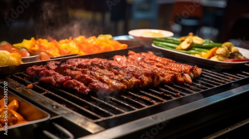 Korean bbq street food on grill close up. Neural network ai generated art