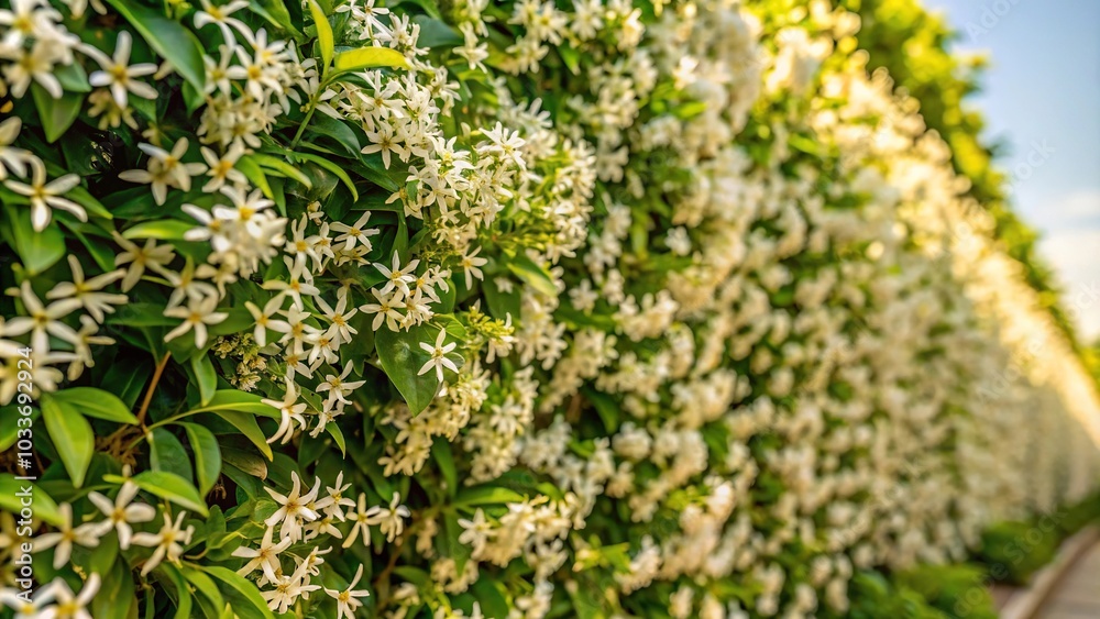Image of a vibrant wall covered in blooming jasmine flowers Image of a vibrant wall covered in blooming jasmine flowers