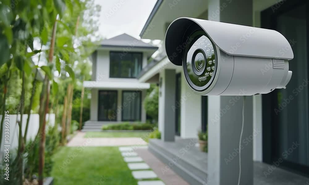 Close up of a modern security camera mounted on a white exterior wall with a lush green lawn in the background.