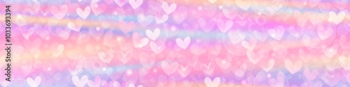 Iridescent kawaii candy sweet unicorn seamless pattern with hearts and fireflies. Nacre soft rainbow sky. Vector Bg with gradient mesh and overlay effect