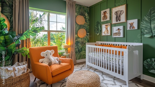 Junglethemed nursery with vibrant green walls, animal prints, and leafy accents, adventurous and lively, wideangle shot photo